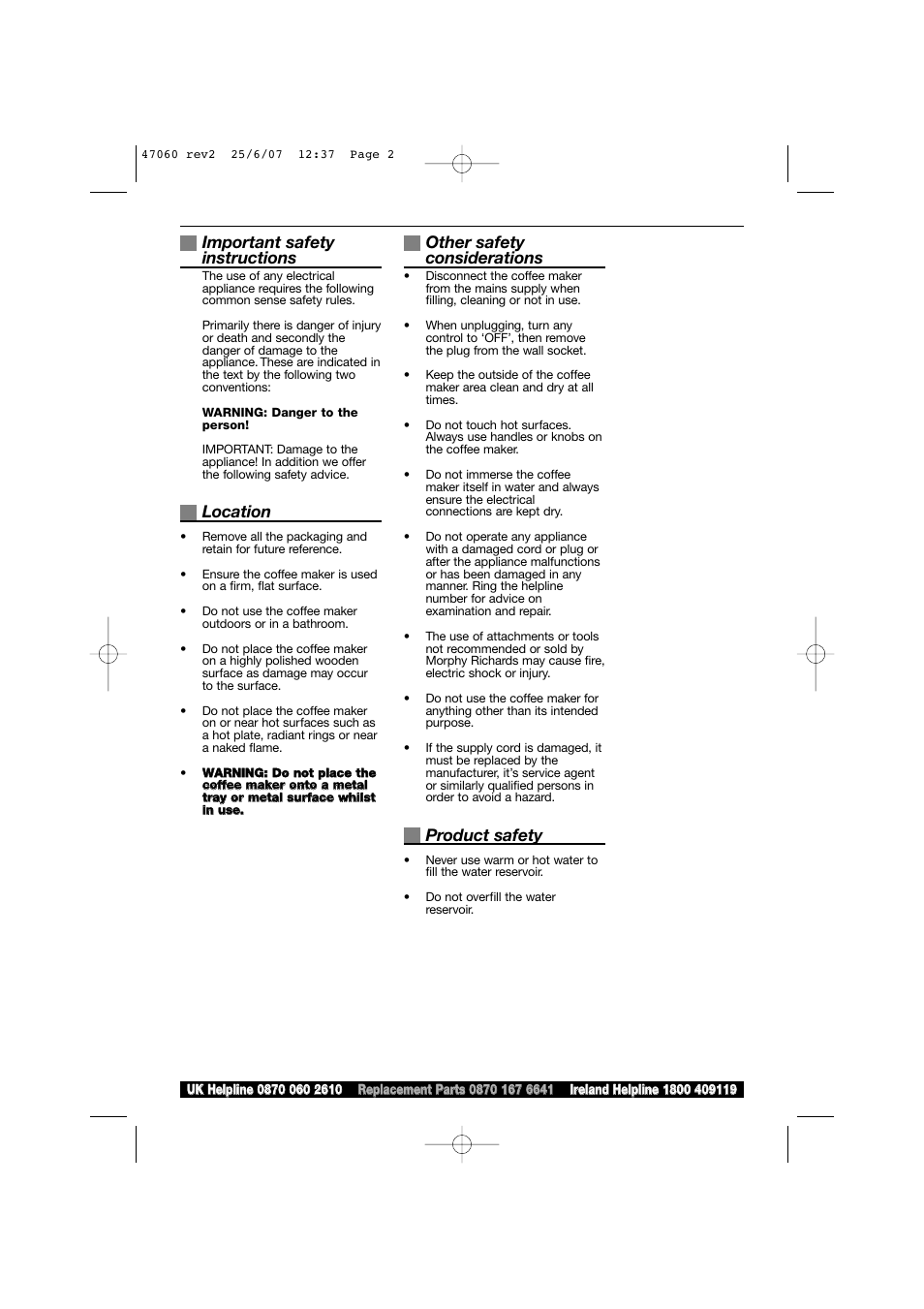Important safety instructions, Location, Other safety considerations | Product safety | Morphy Richards 47062 User Manual | Page 2 / 16