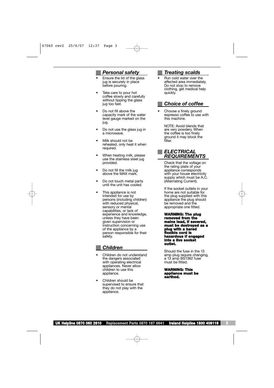Personal safety, Children, Treating scalds | Choice of coffee, Electrical requirements | Morphy Richards 47062 User Manual | Page 3 / 16