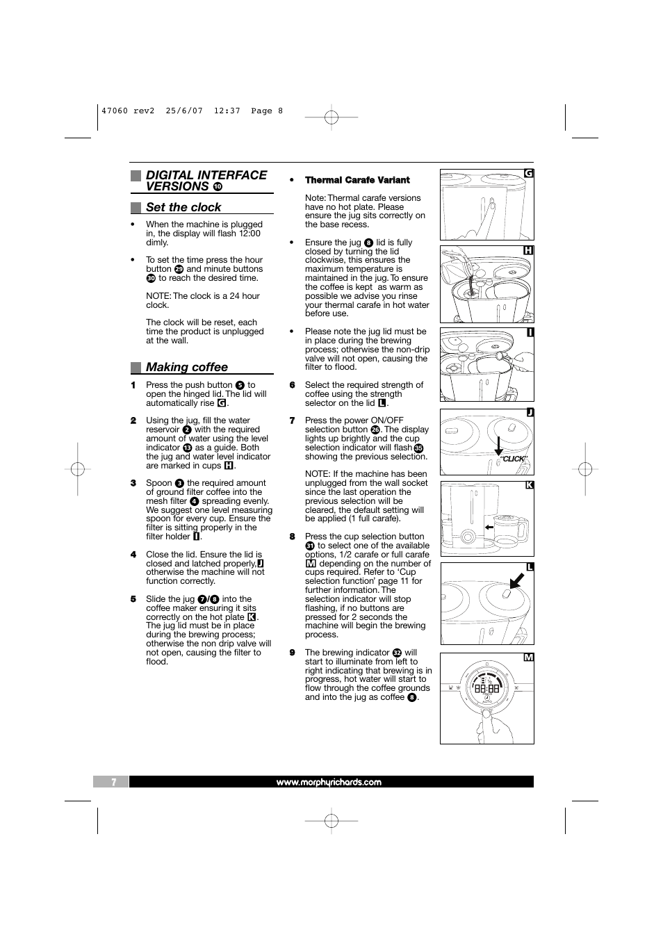 Digital interface versions, Set the clock, Making coffee | Morphy Richards 47062 User Manual | Page 8 / 16