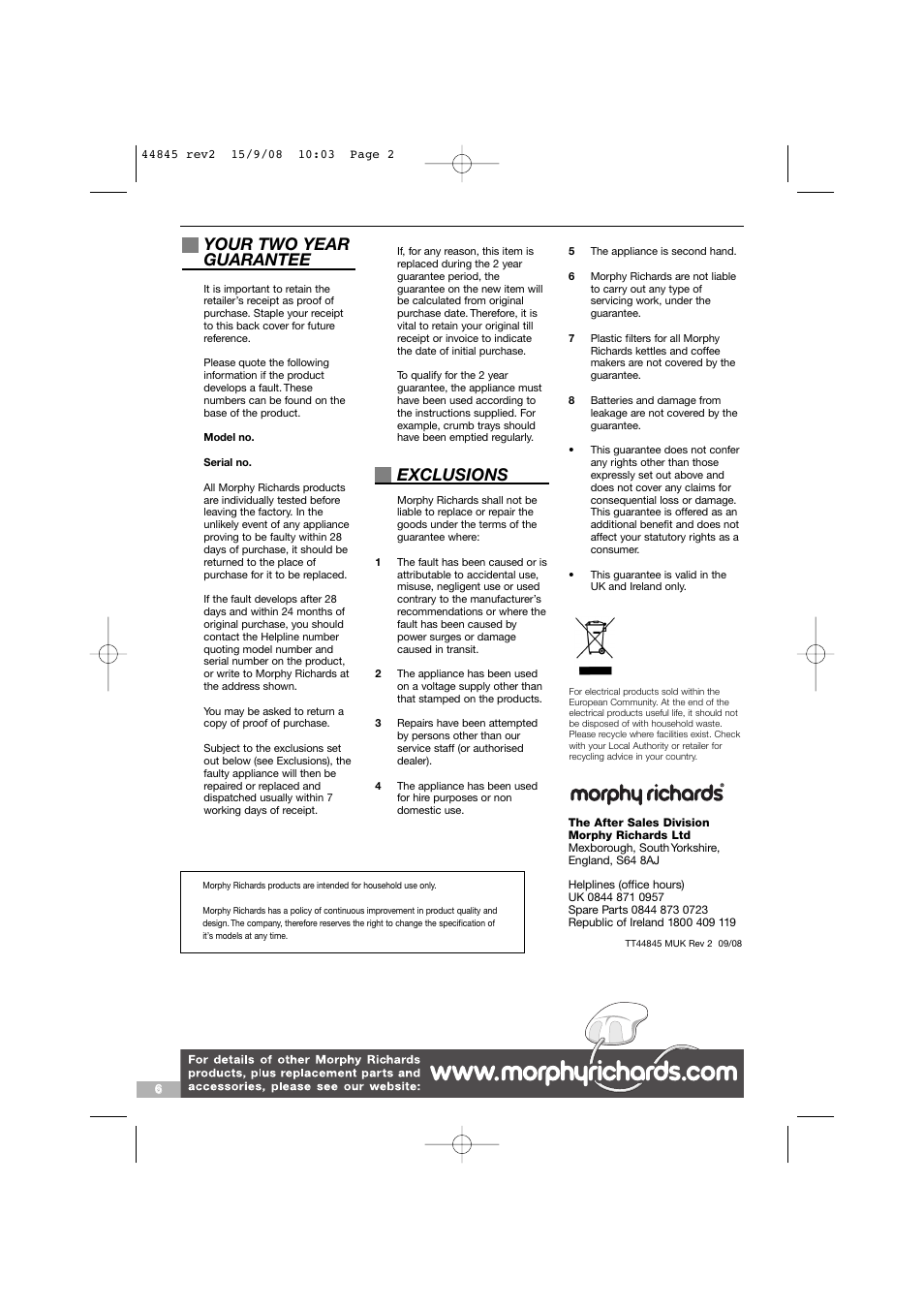 Your two year guarantee, Exclusions | Morphy Richards 44845 User Manual | Page 2 / 6