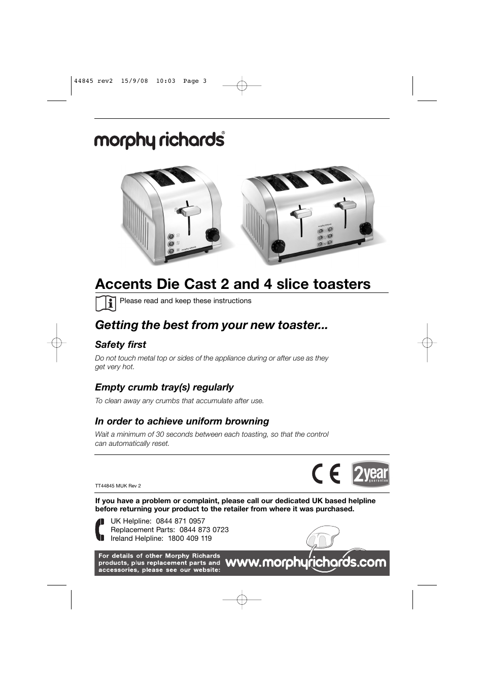 Accents die cast 2 and 4 slice toasters, Getting the best from your new toaster | Morphy Richards 44845 User Manual | Page 3 / 6