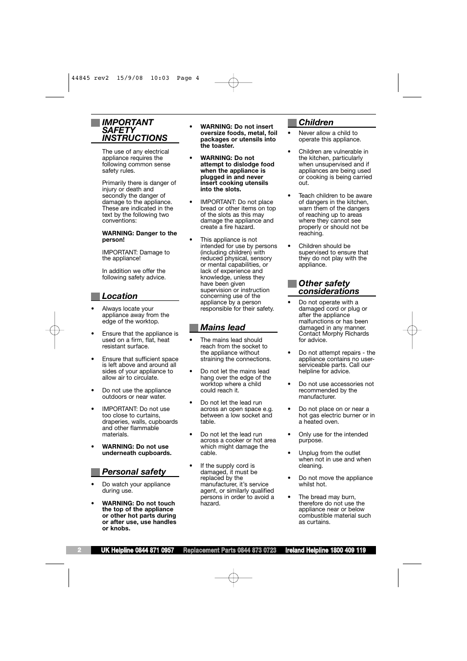 Important safety instructions, Location, Personal safety | Mains lead, Children, Other safety considerations | Morphy Richards 44845 User Manual | Page 4 / 6