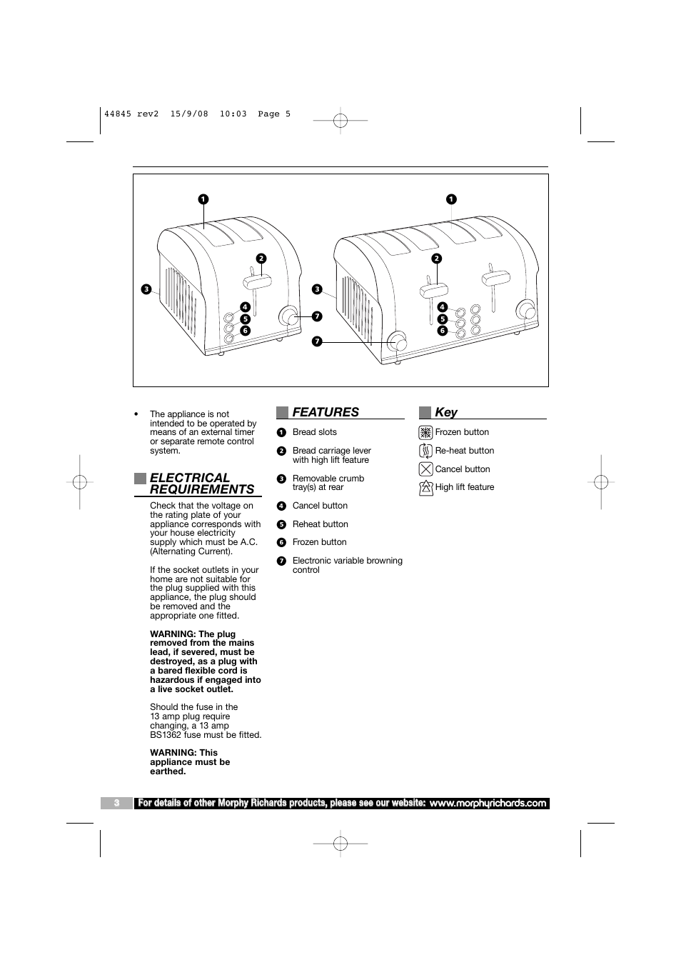 Electrical requirements, Features | Morphy Richards 44845 User Manual | Page 5 / 6