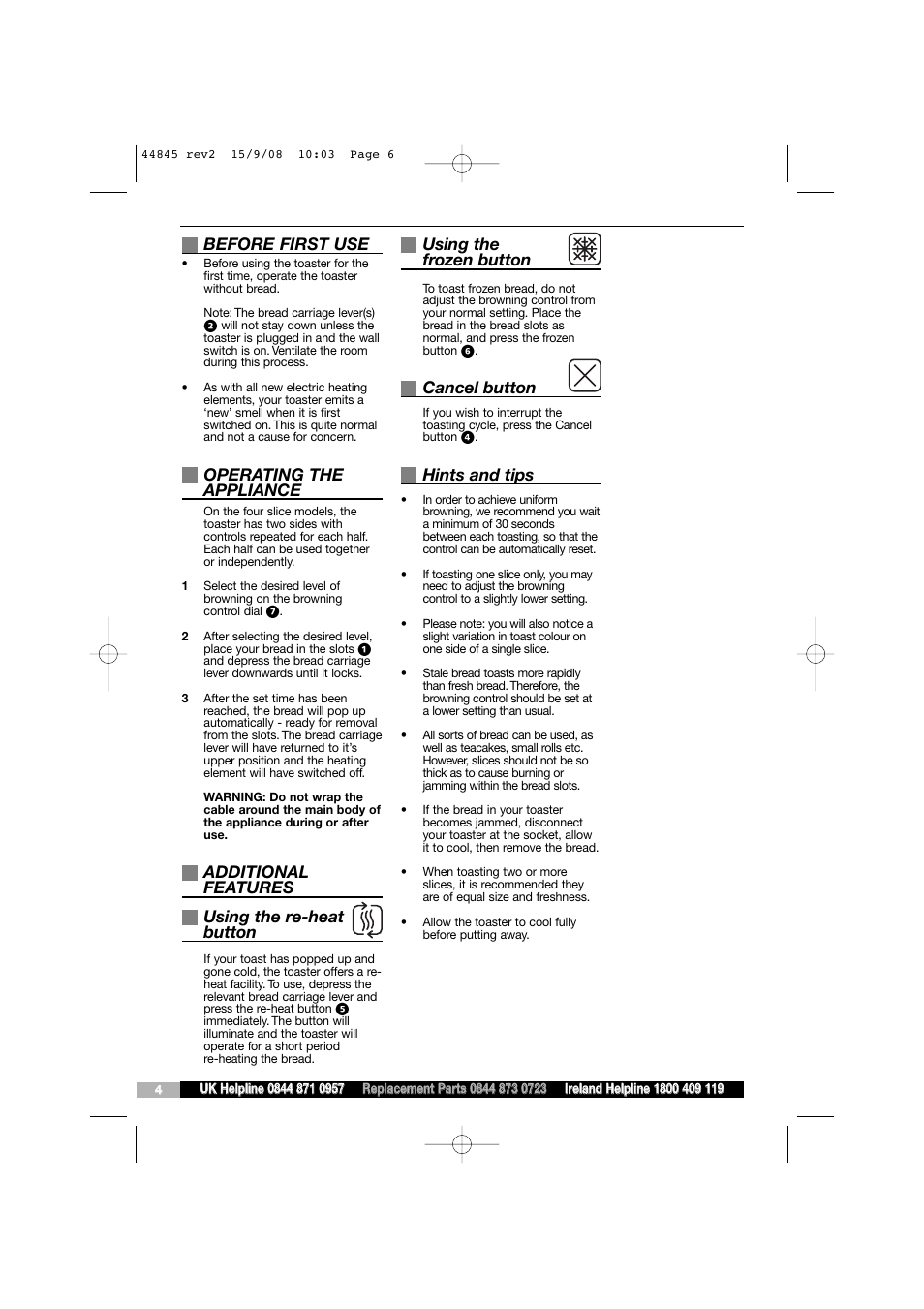 Before first use, Operating the appliance, Additional features using the re-heat button | Using the frozen button, Cancel button, Hints and tips | Morphy Richards 44845 User Manual | Page 6 / 6