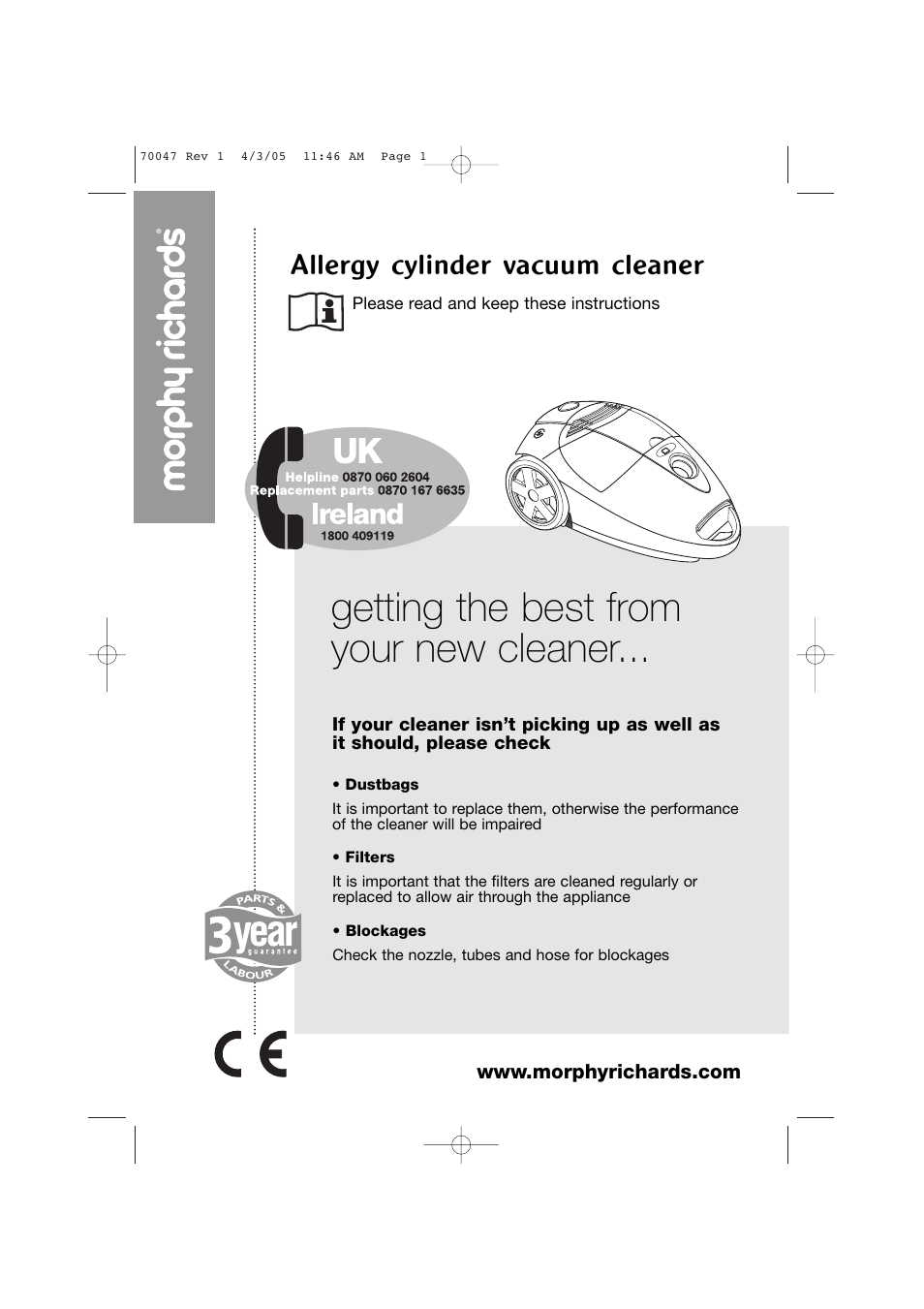 Morphy Richards Allergy cylinder vacuum cleaner User Manual | 12 pages