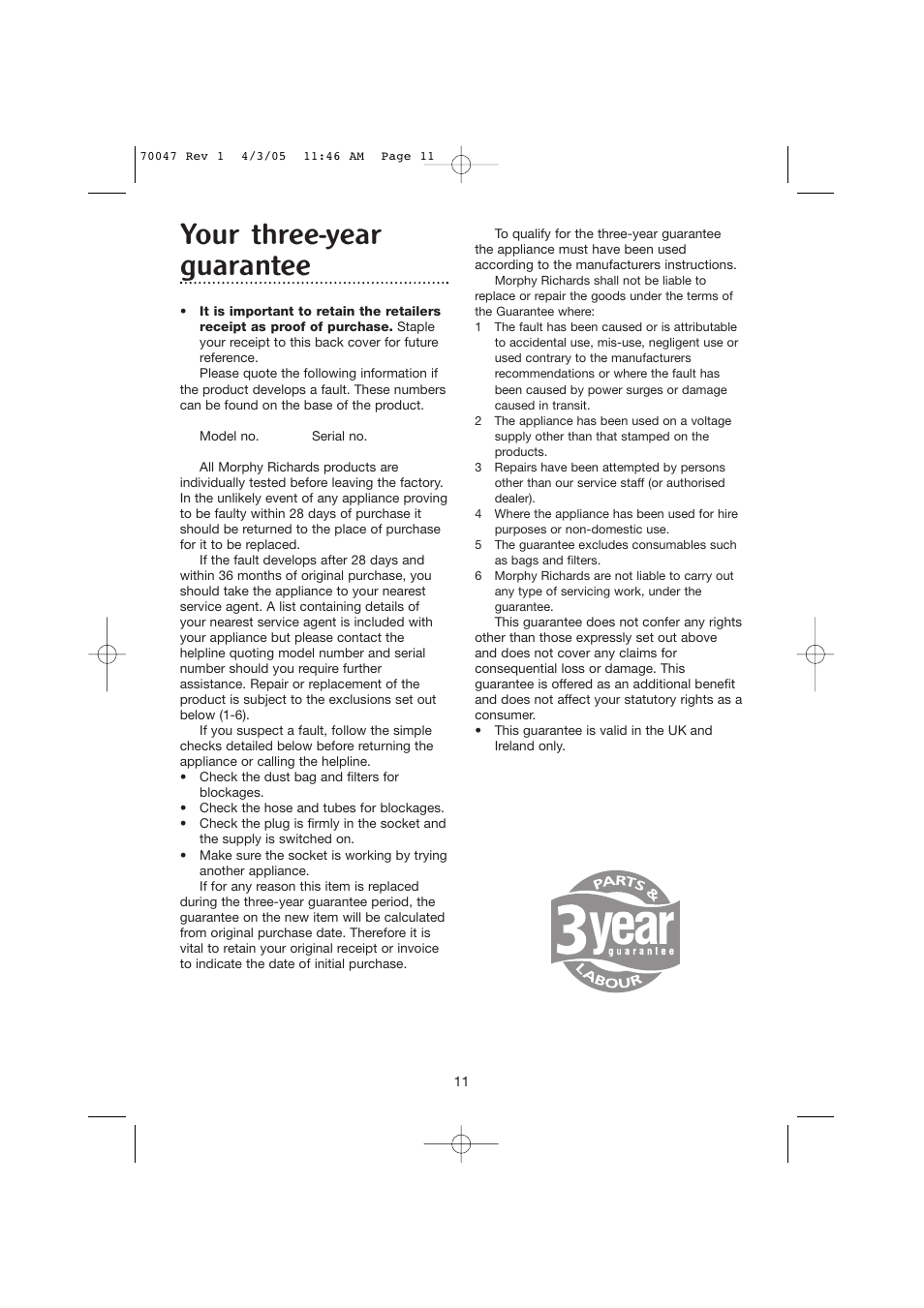 Your three-year guarantee | Morphy Richards Allergy cylinder vacuum cleaner User Manual | Page 11 / 12