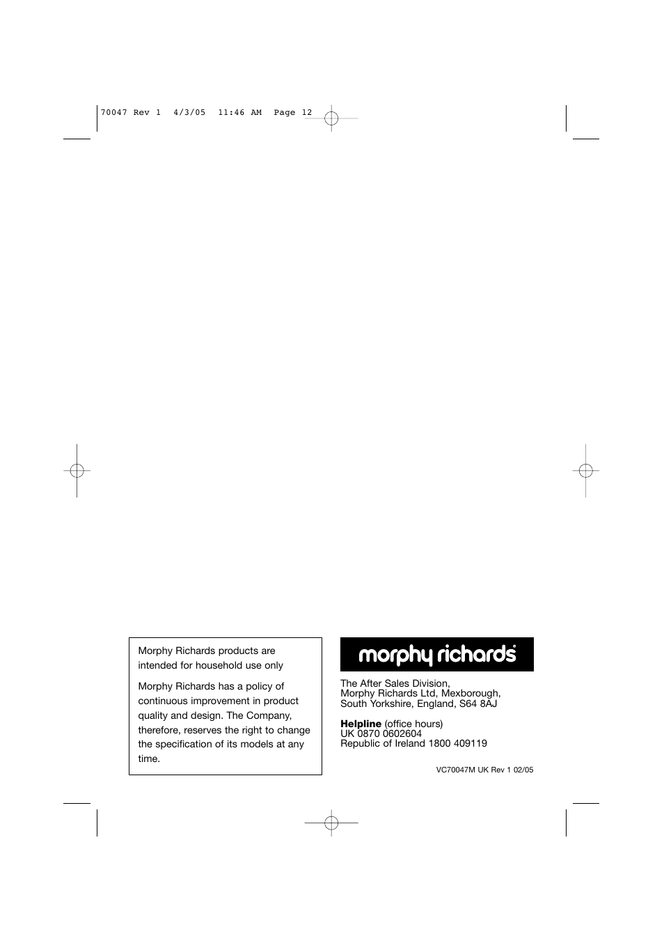 Morphy Richards Allergy cylinder vacuum cleaner User Manual | Page 12 / 12