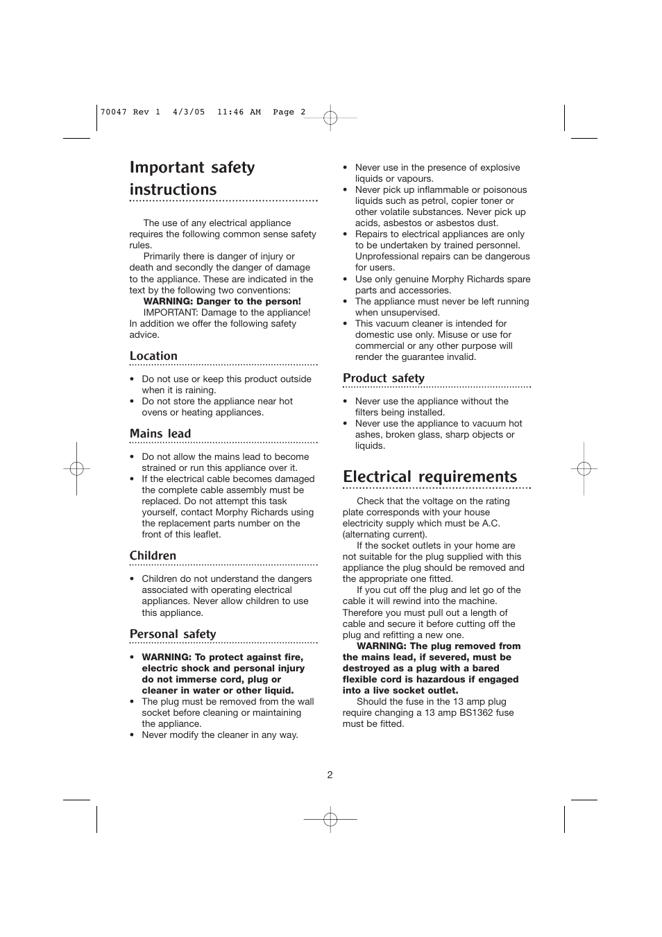 Important safety instructions, Electrical requirements, Location | Mains lead, Children, Personal safety, Product safety | Morphy Richards Allergy cylinder vacuum cleaner User Manual | Page 2 / 12