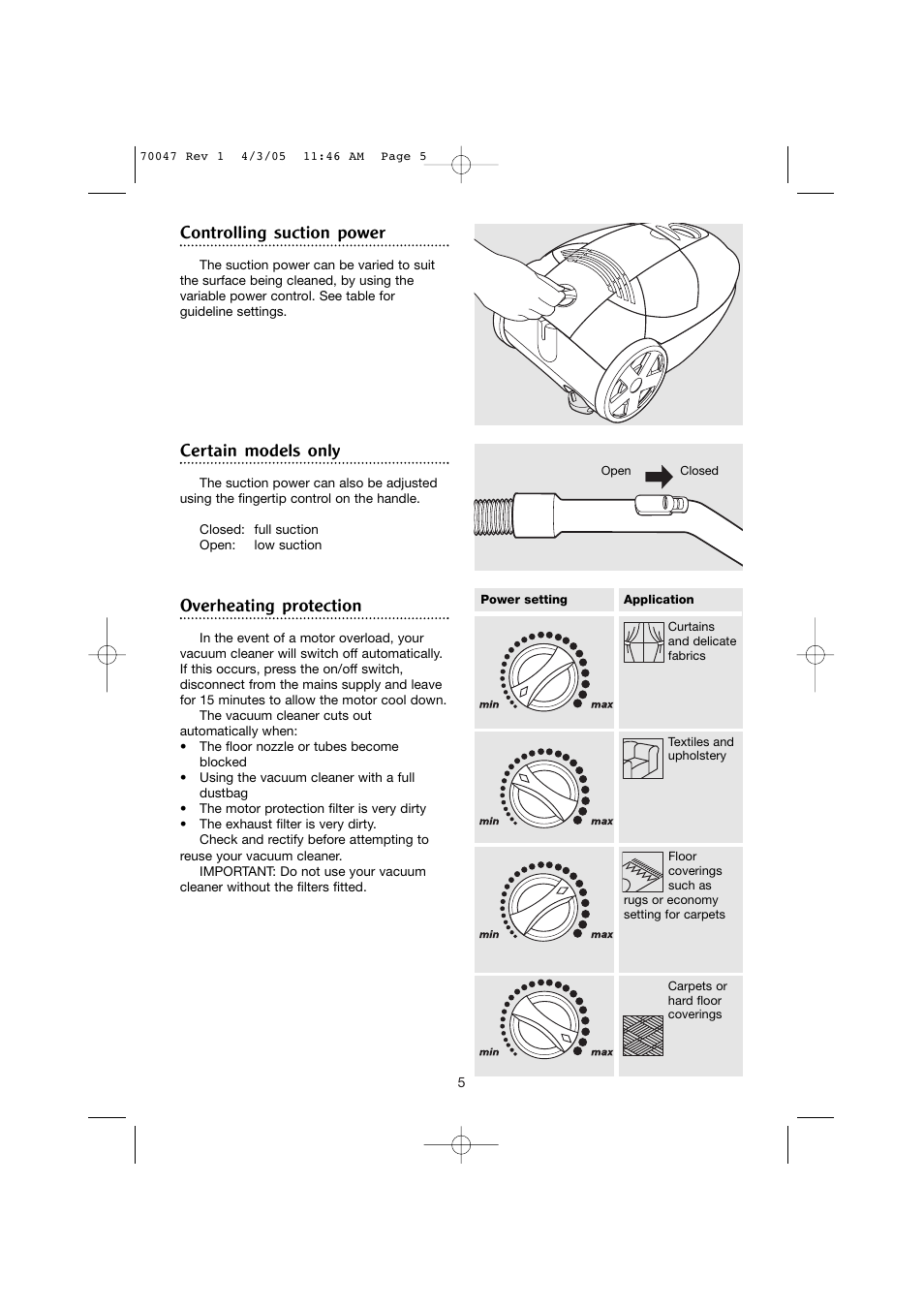 Controlling suction power, Certain models only, Overheating protection | Morphy Richards Allergy cylinder vacuum cleaner User Manual | Page 5 / 12