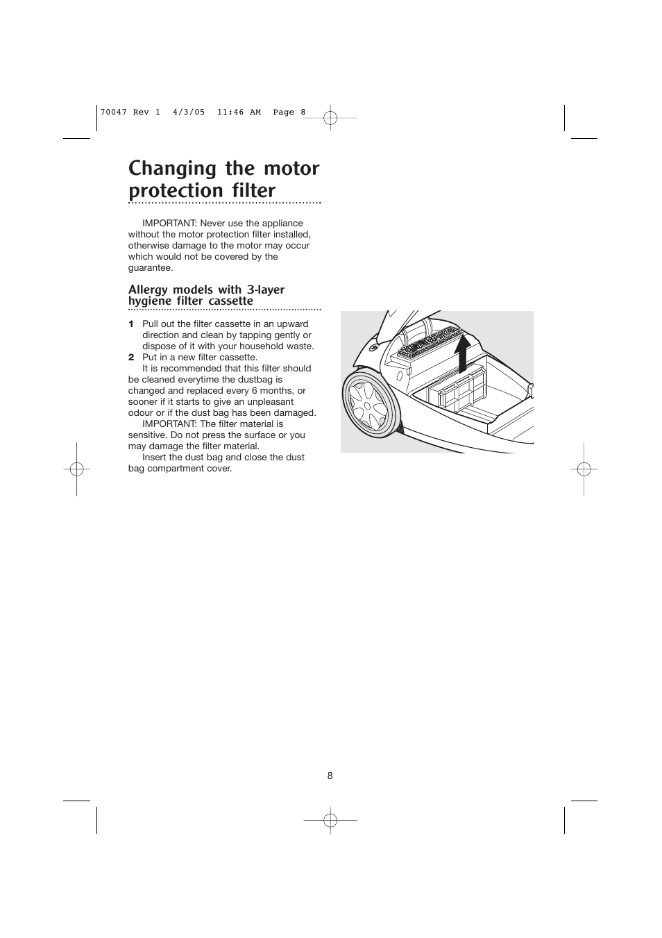 Changing the motor protection filter | Morphy Richards Allergy cylinder vacuum cleaner User Manual | Page 8 / 12