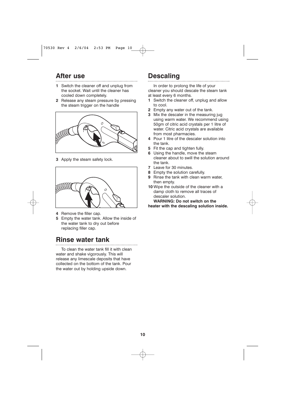 After use, Rinse water tank, Descaling | Morphy Richards Steam cleaner User Manual | Page 10 / 12