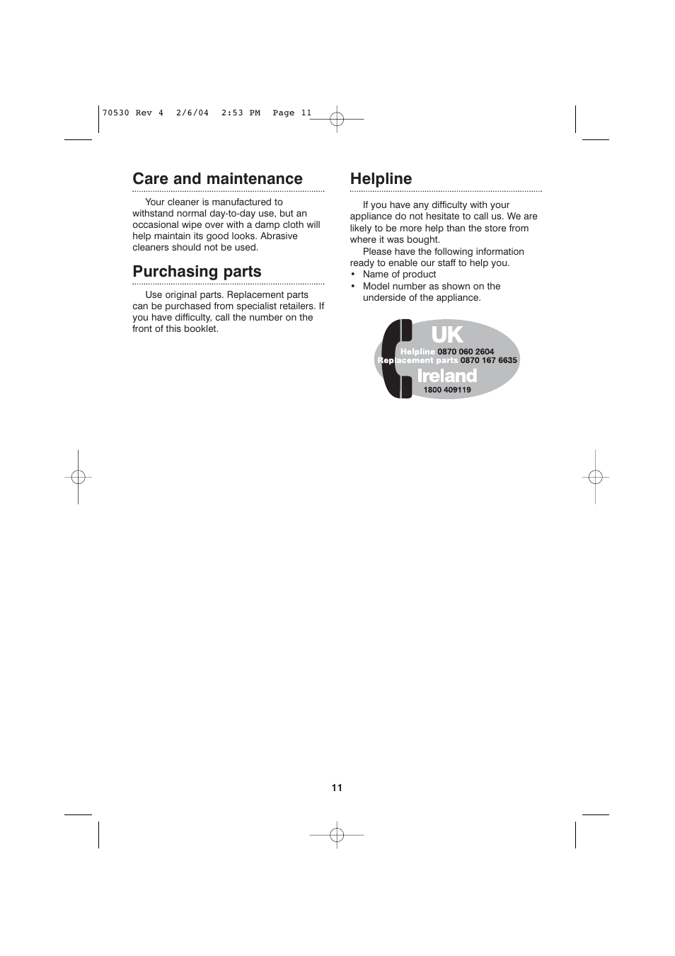 Care and maintenance, Purchasing parts, Helpline | Morphy Richards Steam cleaner User Manual | Page 11 / 12
