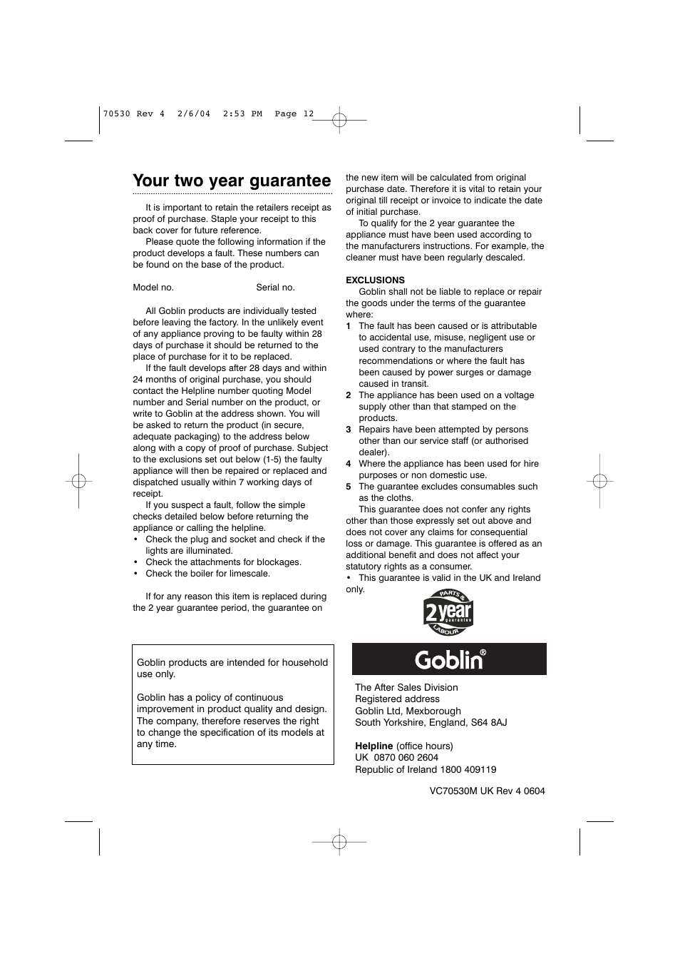 Your two year guarantee | Morphy Richards Steam cleaner User Manual | Page 12 / 12