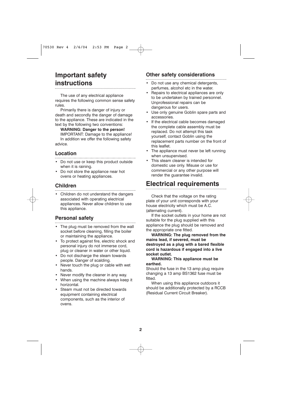 Important safety instructions, Electrical requirements | Morphy Richards Steam cleaner User Manual | Page 2 / 12