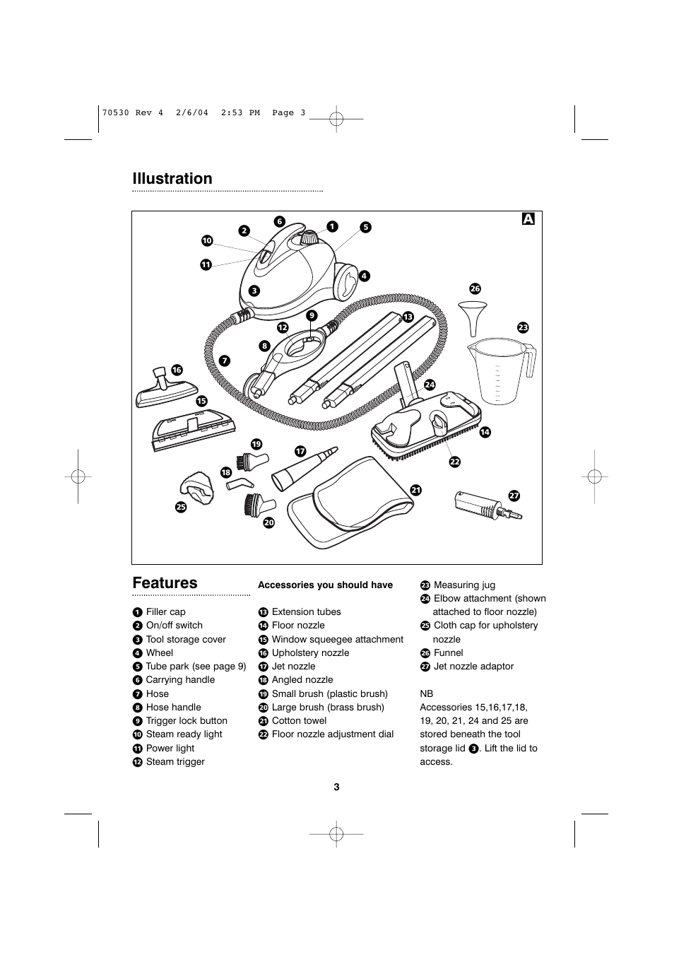 Features, Illustration | Morphy Richards Steam cleaner User Manual | Page 3 / 12