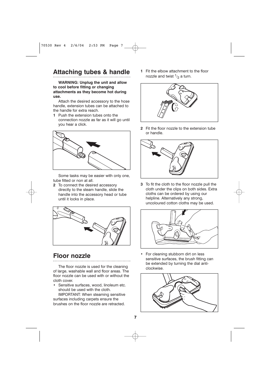 Attaching tubes & handle, Floor nozzle | Morphy Richards Steam cleaner User Manual | Page 7 / 12