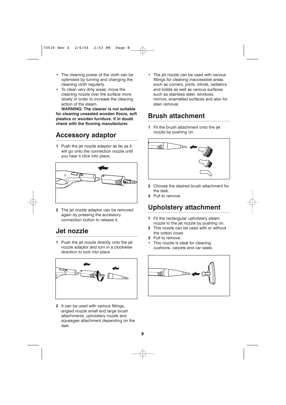 Accessory adaptor, Jet nozzle, Brush attachment | Upholstery attachment | Morphy Richards Steam cleaner User Manual | Page 8 / 12