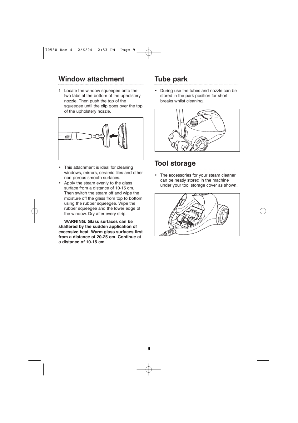 Window attachment, Tube park, Tool storage | Morphy Richards Steam cleaner User Manual | Page 9 / 12