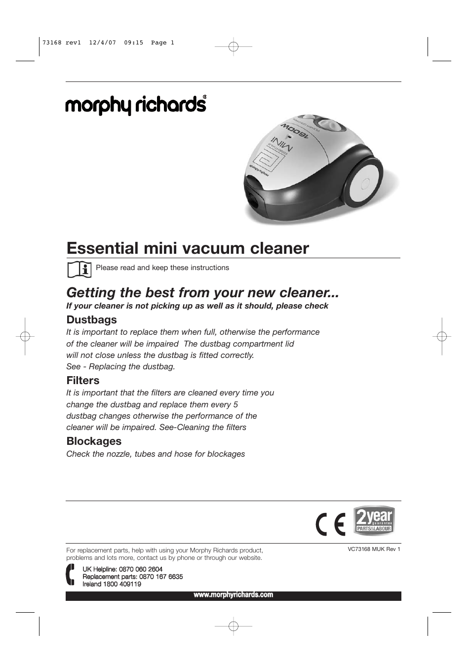 Morphy Richards Vacuum Cleaner User Manual | 8 pages