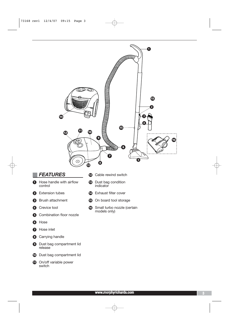 Features | Morphy Richards Vacuum Cleaner User Manual | Page 3 / 8