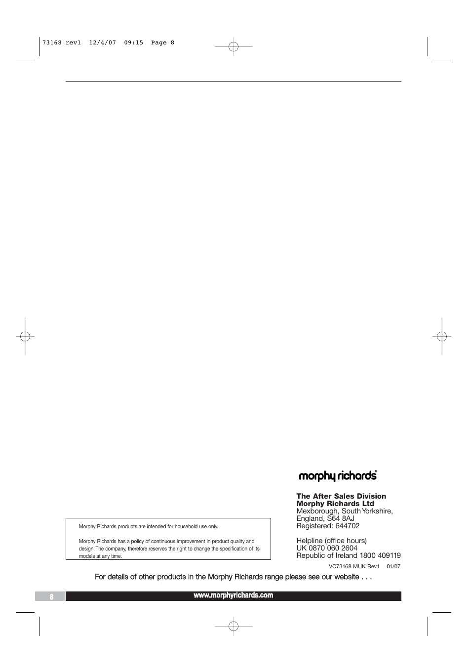 Morphy Richards Vacuum Cleaner User Manual | Page 8 / 8