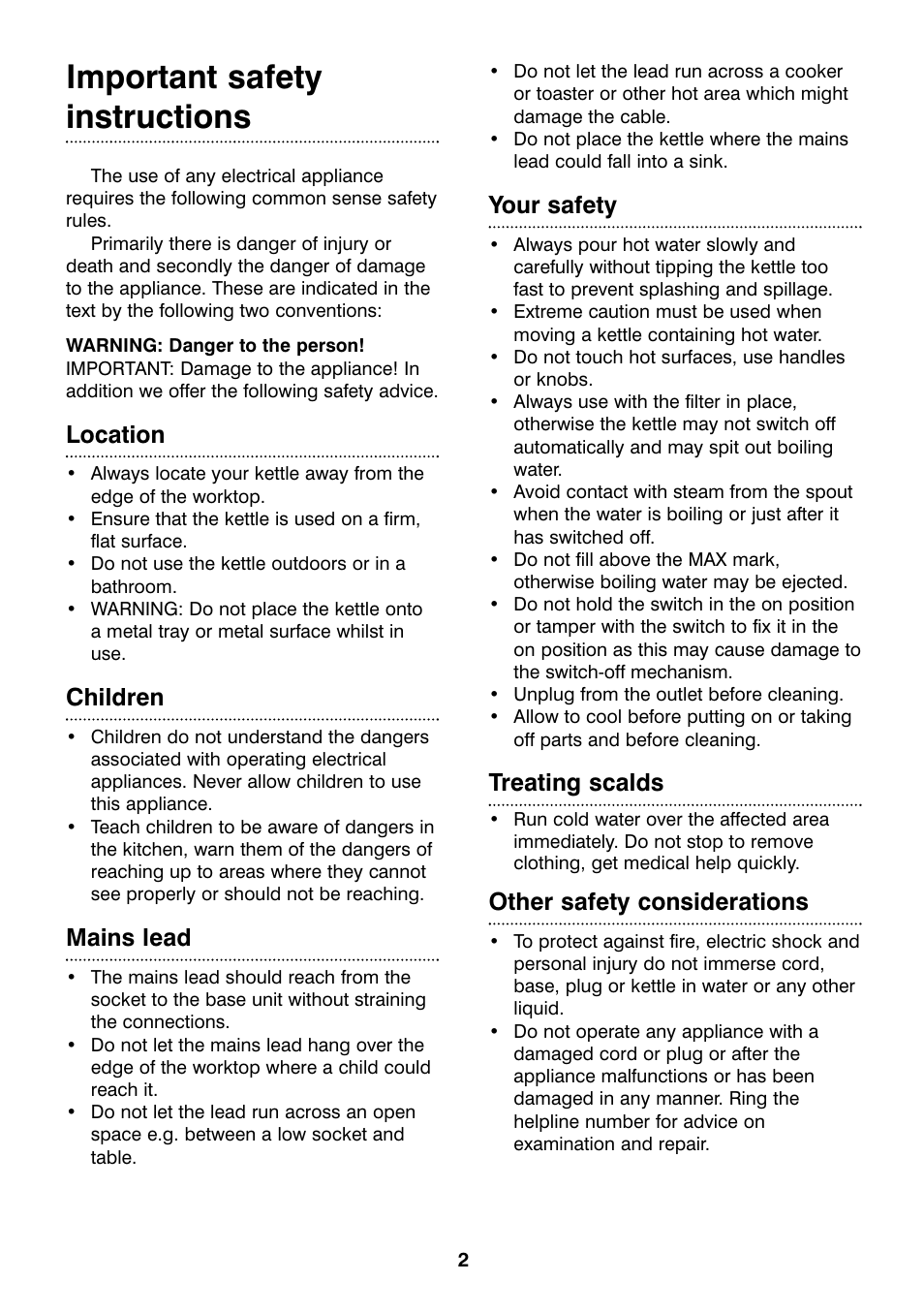 Important safety instructions, Location, Children | Mains lead, Your safety, Treating scalds, Other safety considerations | Morphy Richards Beech stainless steel kettle User Manual | Page 2 / 6