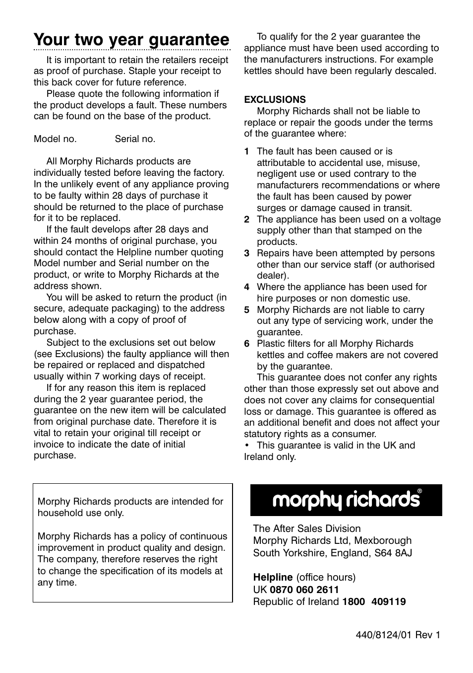 Your two year guarantee | Morphy Richards Beech stainless steel kettle User Manual | Page 6 / 6