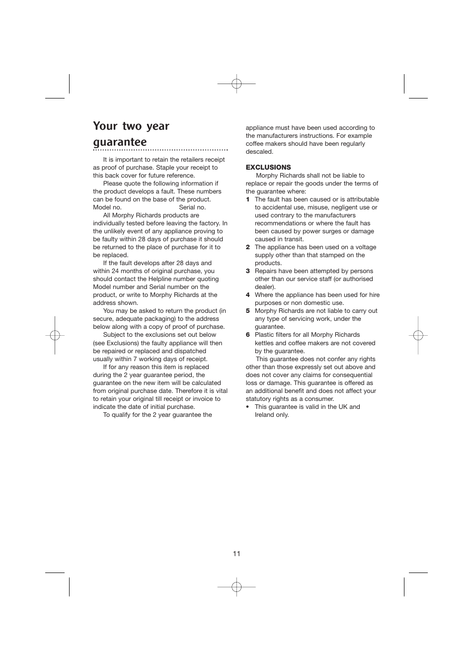 Your two year guarantee | Morphy Richards CoffeMaker User Manual | Page 11 / 12