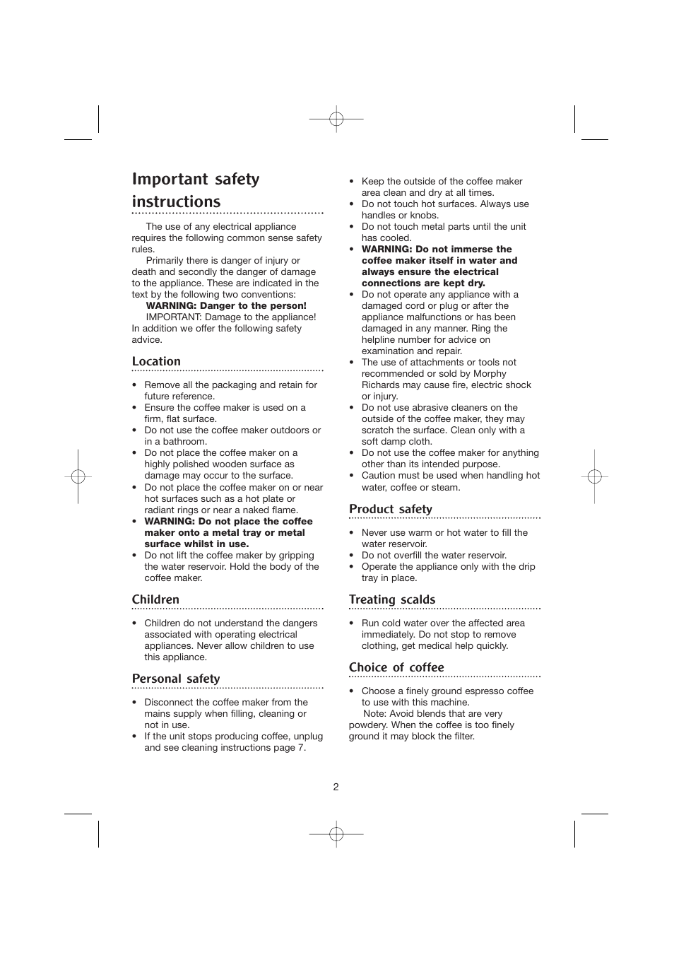Important safety instructions, Location, Children | Personal safety, Product safety, Treating scalds, Choice of coffee | Morphy Richards CoffeMaker User Manual | Page 2 / 12