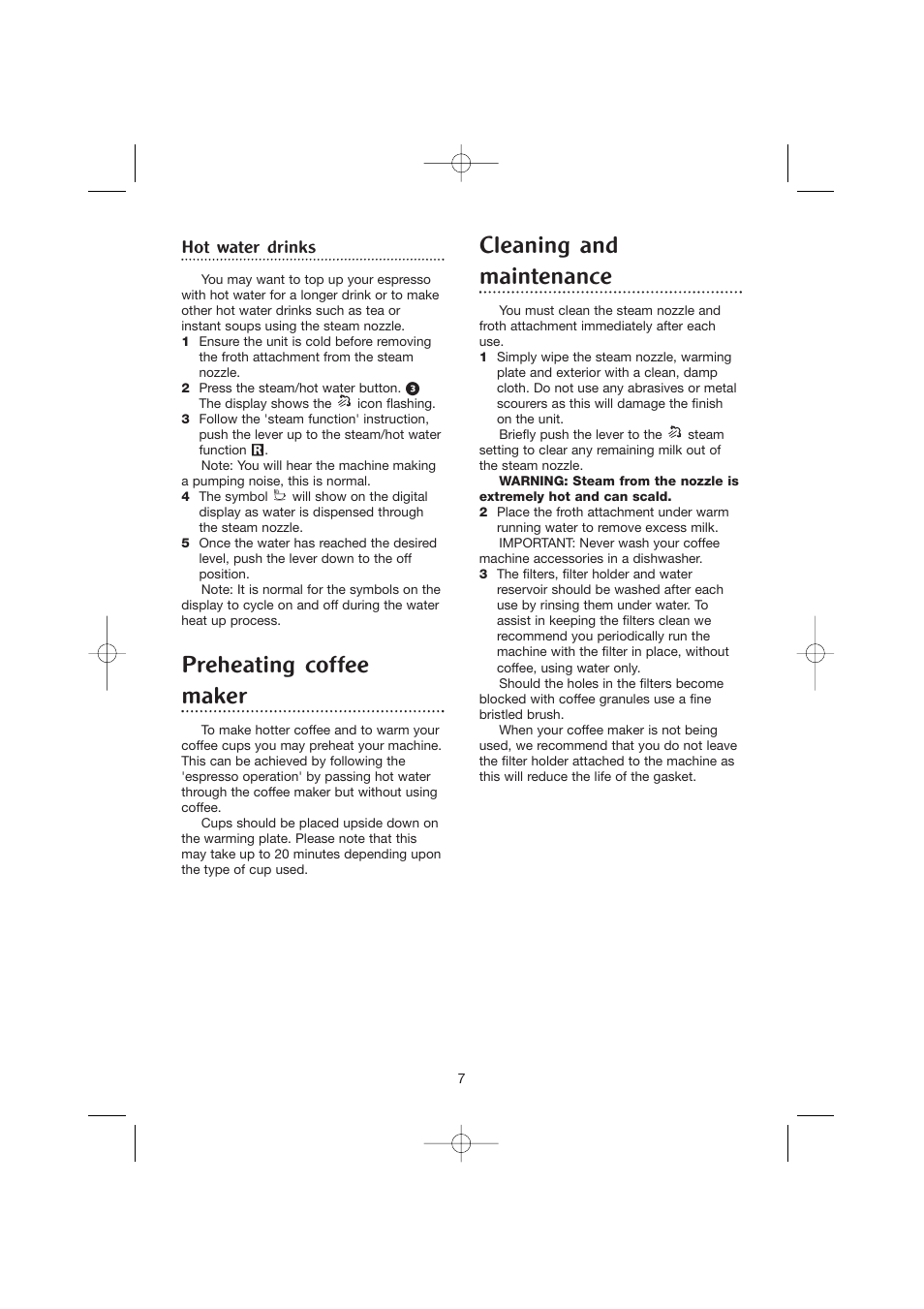 Preheating coffee maker, Cleaning and maintenance, Hot water drinks | Morphy Richards CoffeMaker User Manual | Page 7 / 12
