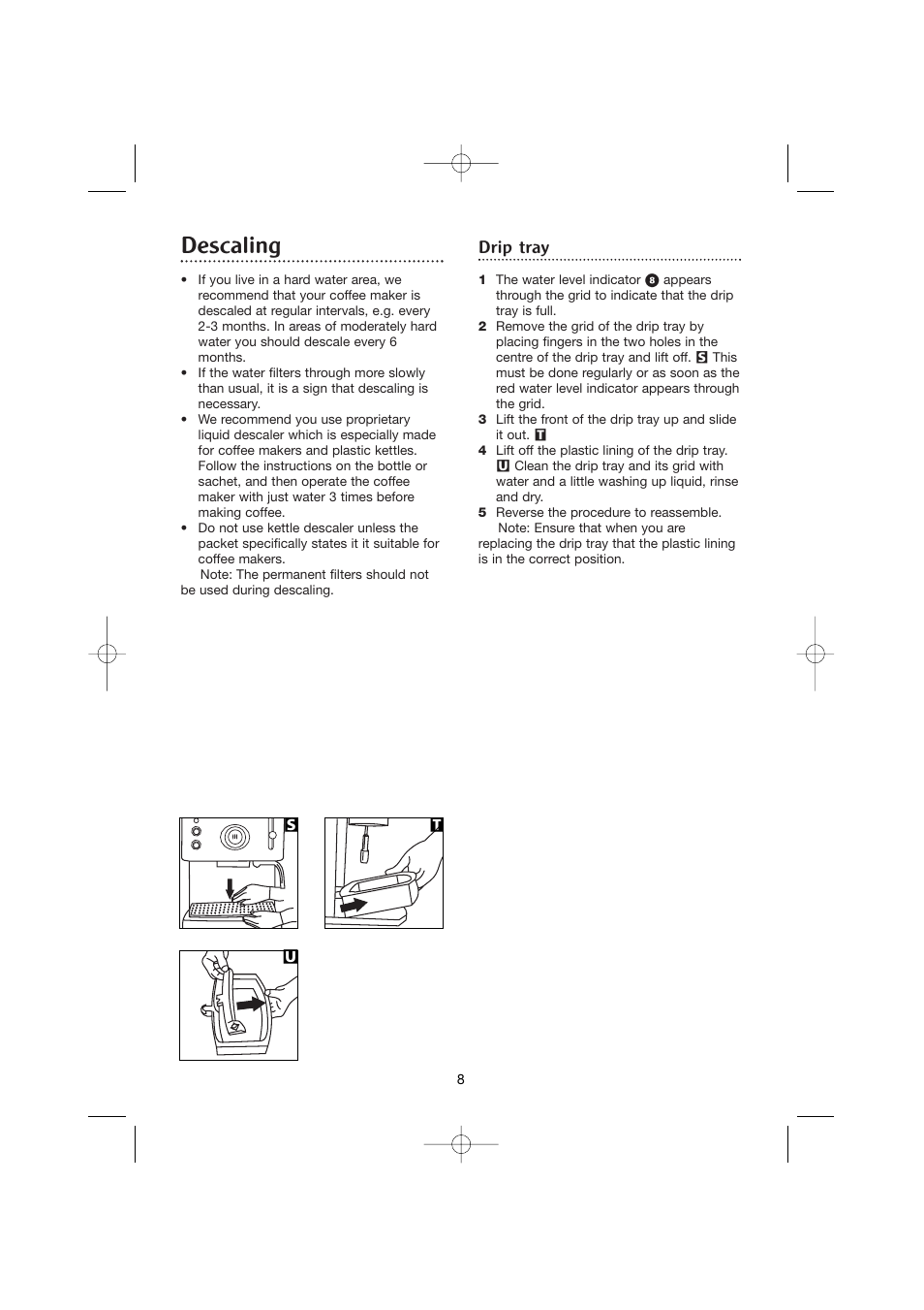 Descaling, Drip tray | Morphy Richards CoffeMaker User Manual | Page 8 / 12