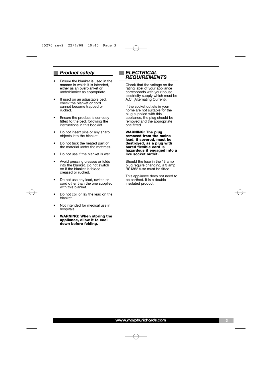 Product safety, Electrical requirements | Morphy Richards Safeguard EB75270 User Manual | Page 3 / 8