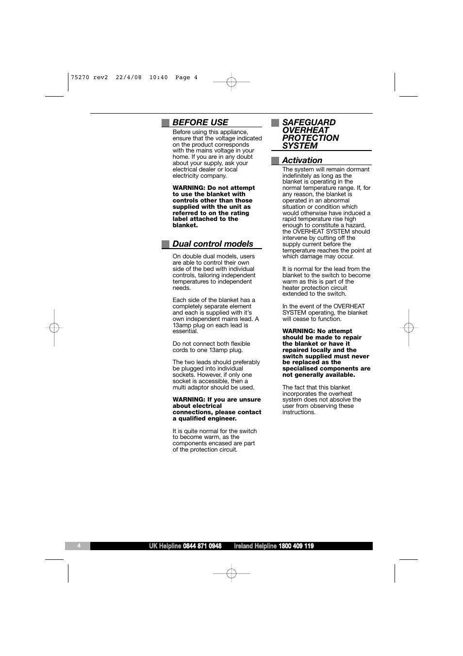 Before use, Dual control models, Safeguard overheat protection system activation | Morphy Richards Safeguard EB75270 User Manual | Page 4 / 8