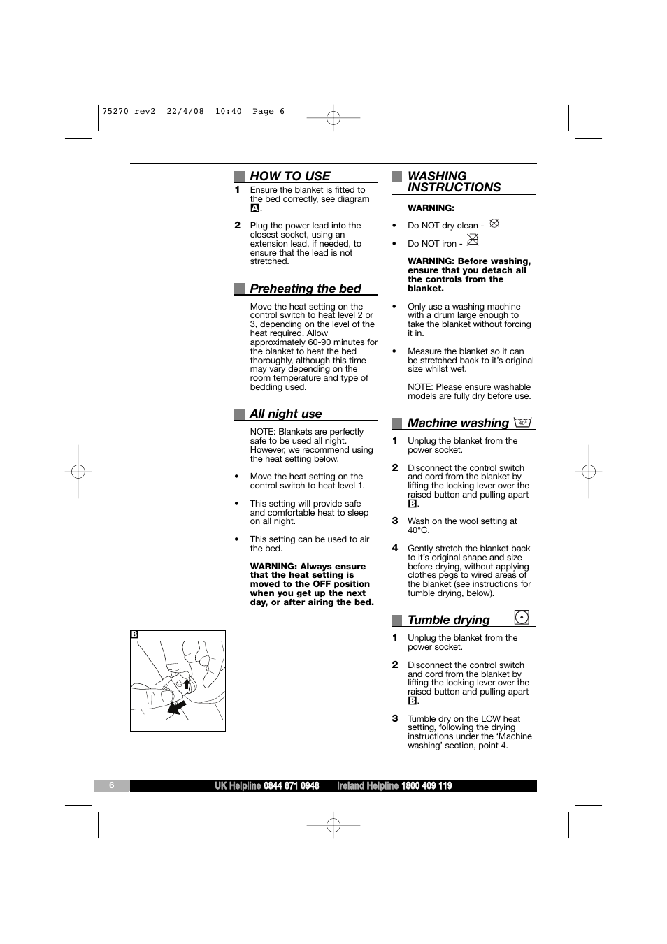How to use, Preheating the bed, All night use | Washing instructions, Machine washing, Tumble drying | Morphy Richards Safeguard EB75270 User Manual | Page 6 / 8