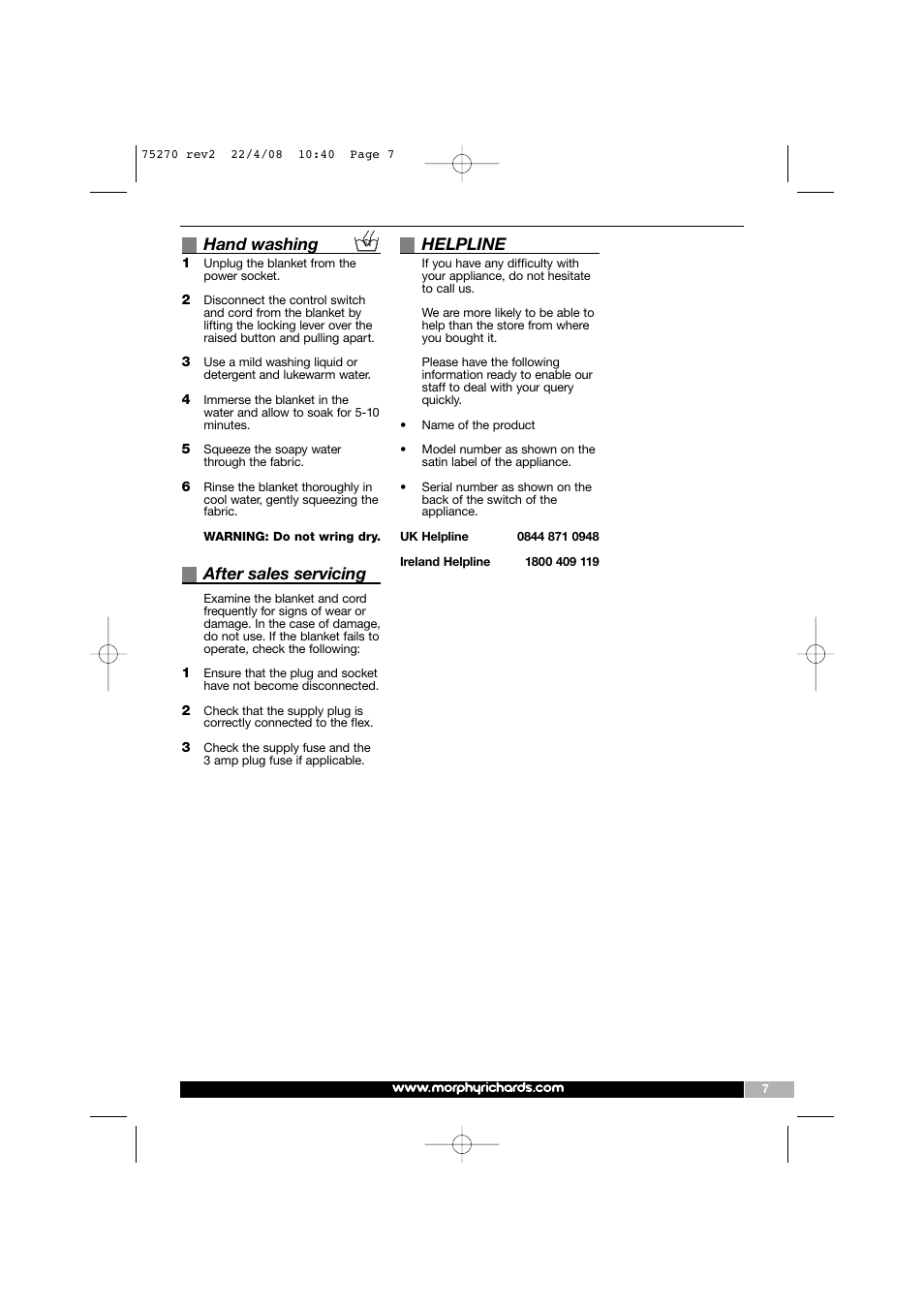 Hand washing, After sales servicing, Helpline | Morphy Richards Safeguard EB75270 User Manual | Page 7 / 8