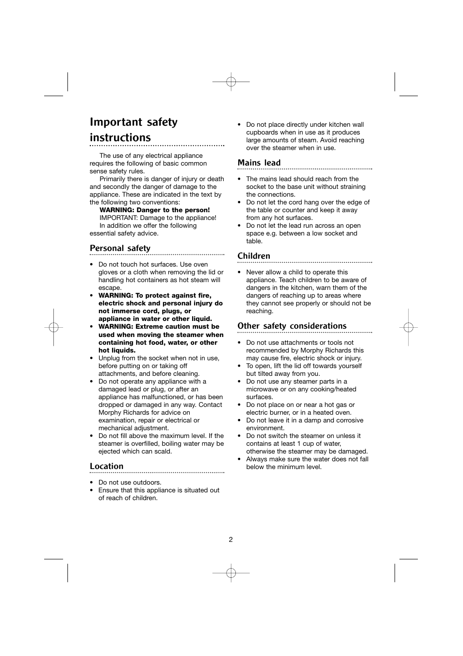 Important safety instructions, Personal safety, Location | Mains lead, Children, Other safety considerations | Morphy Richards FS 48750 User Manual | Page 2 / 8