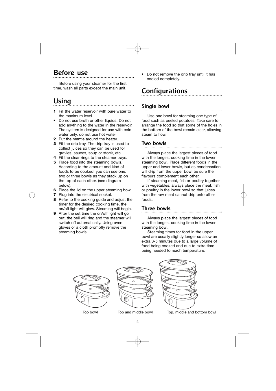 Before use, Using, Configurations | Single bowl, Two bowls, Three bowls | Morphy Richards FS 48750 User Manual | Page 4 / 8