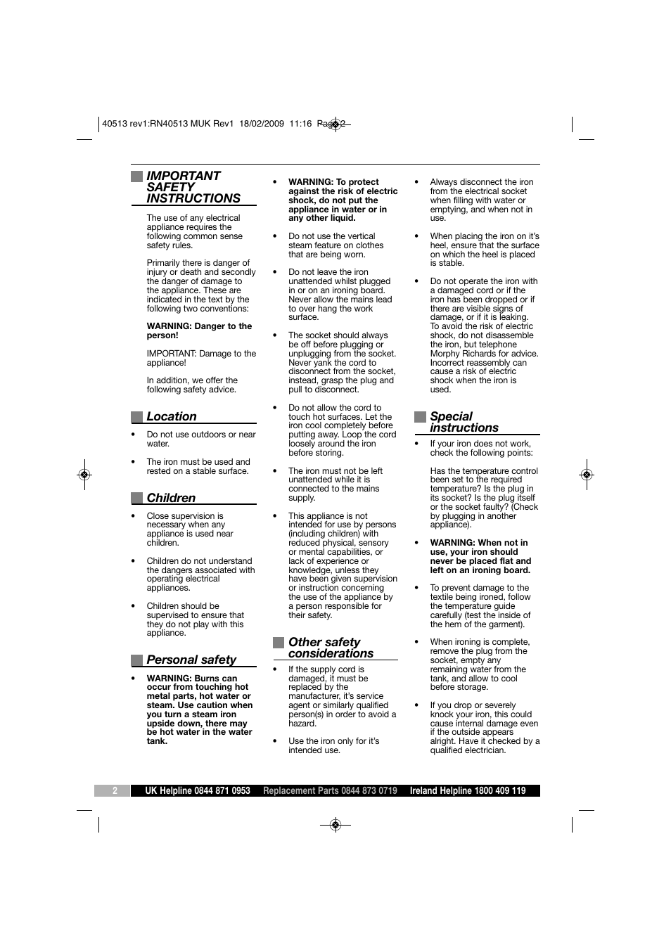 Important safety instructions, Location, Children | Personal safety, Other safety considerations, Special instructions | Morphy Richards TURBOSTEAM RN40513 User Manual | Page 2 / 8