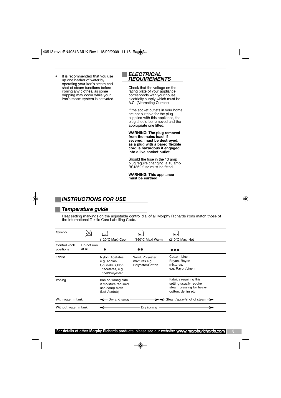 Electrical requirements, Instructions for use, Temperature guide | Morphy Richards TURBOSTEAM RN40513 User Manual | Page 3 / 8