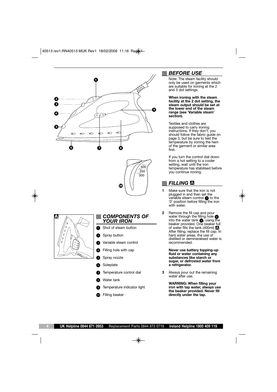 Components of your iron, Before use, Filling | Morphy Richards TURBOSTEAM RN40513 User Manual | Page 4 / 8