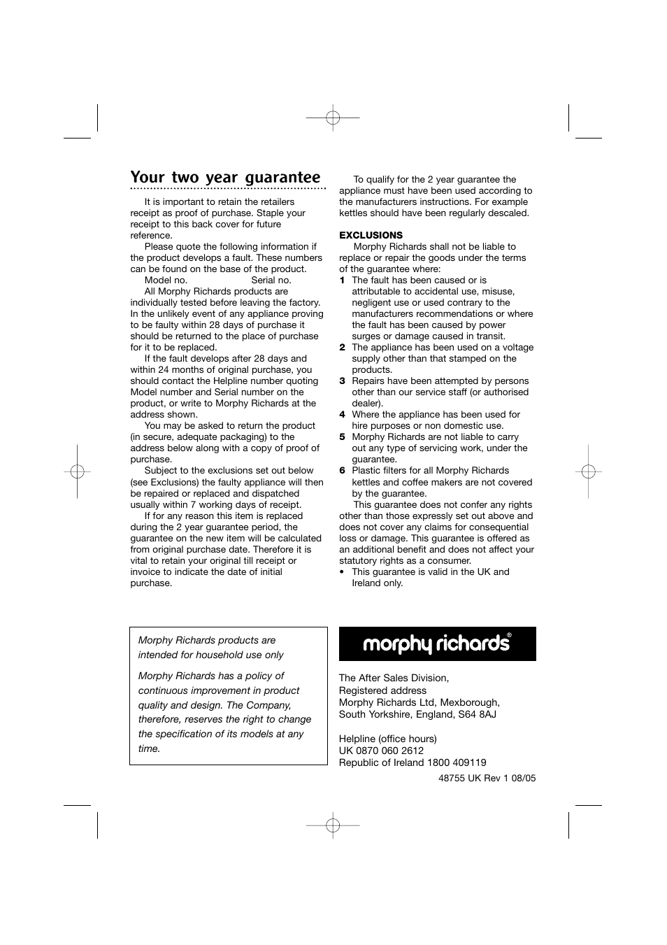 Your two year guarantee | Morphy Richards Stainless steel steamer User Manual | Page 12 / 12