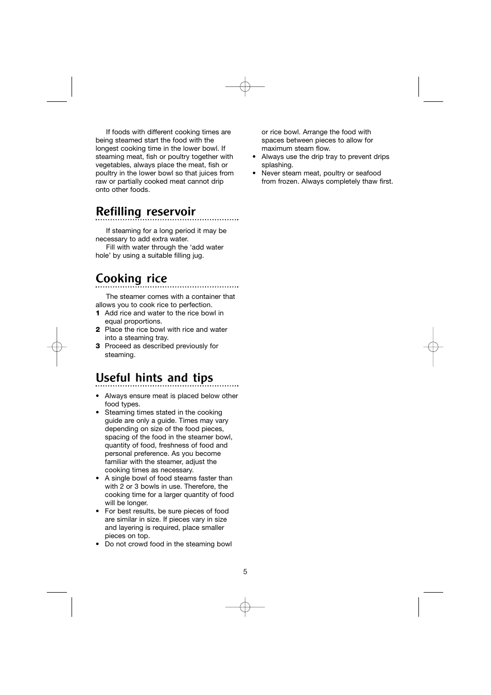 Refilling reservoir, Cooking rice, Useful hints and tips | Morphy Richards Stainless steel steamer User Manual | Page 5 / 12