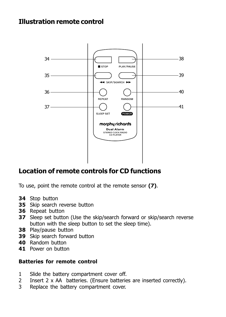 Illustration remote control 3, Location of remote controls for cd functions | Morphy Richards 29000 User Manual | Page 4 / 16