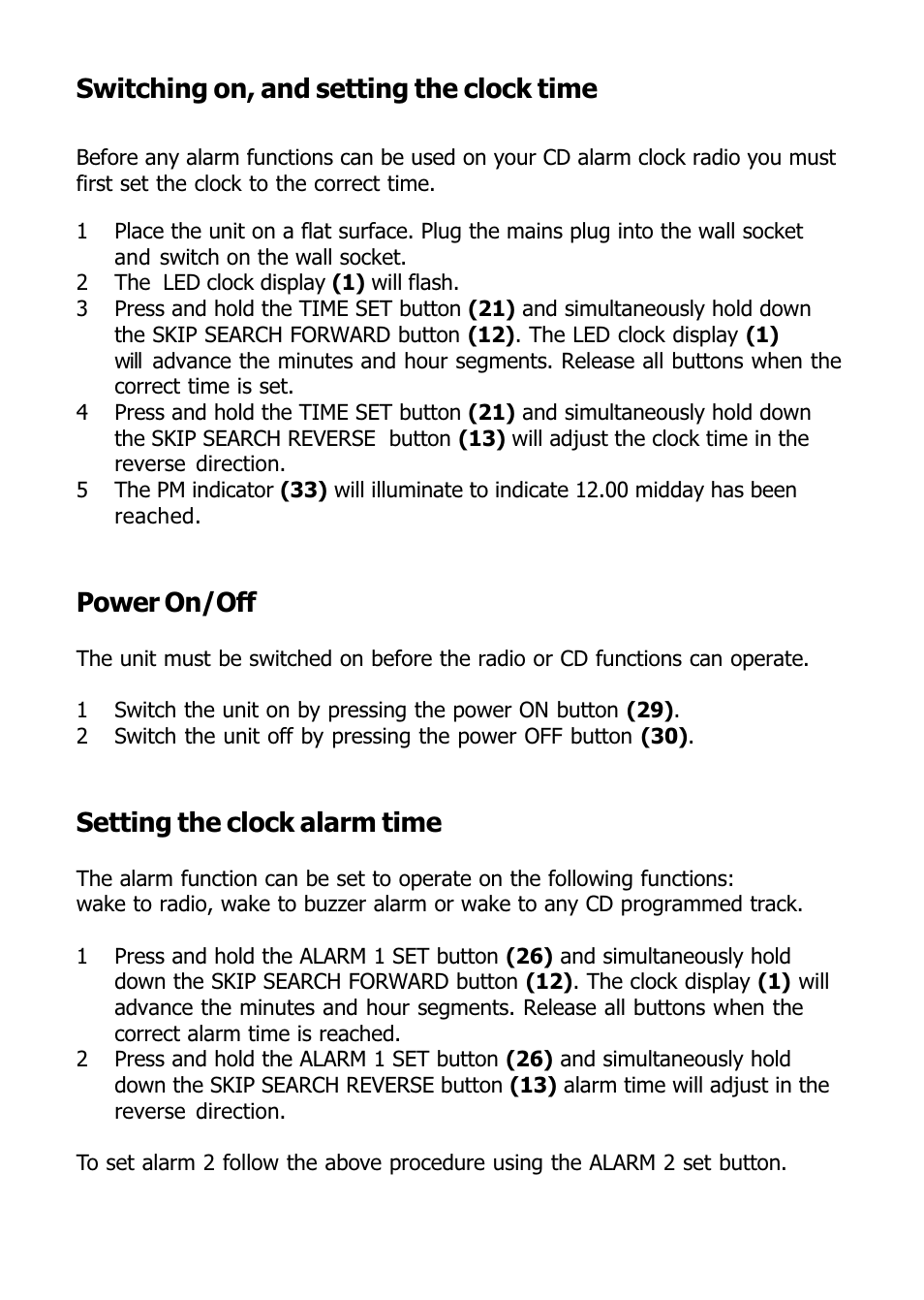 Switching on, and setting the clock time, Power on/off, Setting the clock alarm time | Morphy Richards 29000 User Manual | Page 6 / 16