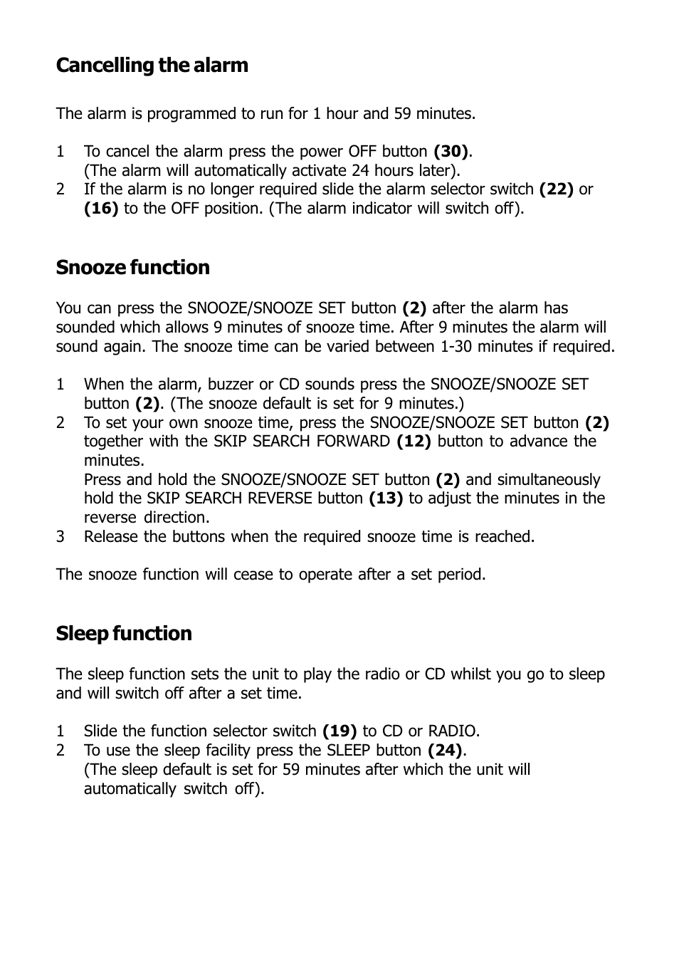 Cancelling the alarm, Snooze function, Sleep function | Morphy Richards 29000 User Manual | Page 9 / 16