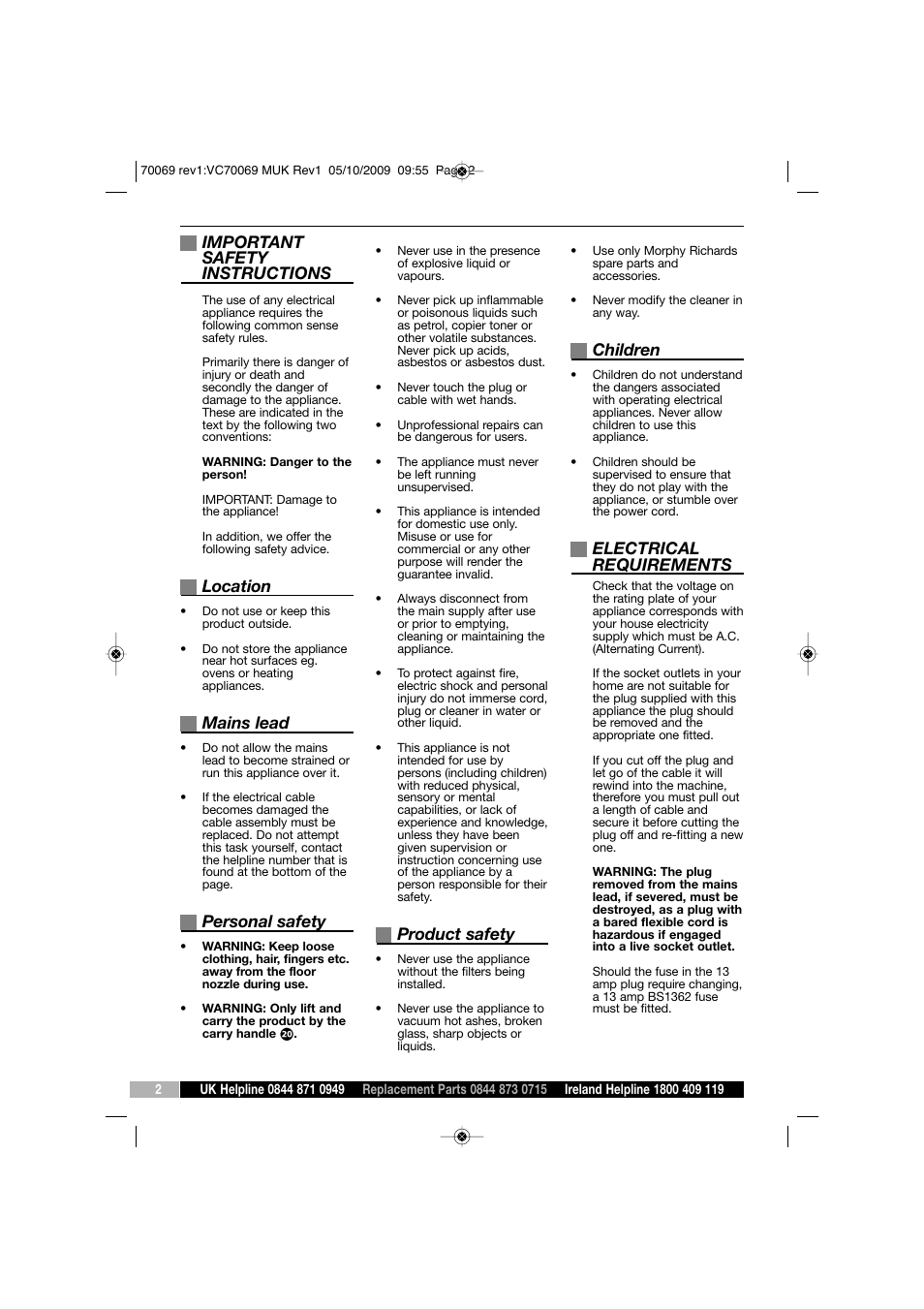 Important safety instructions, Location, Mains lead | Personal safety, Product safety, Children, Electrical requirements | Morphy Richards VC70069 MUK User Manual | Page 2 / 8
