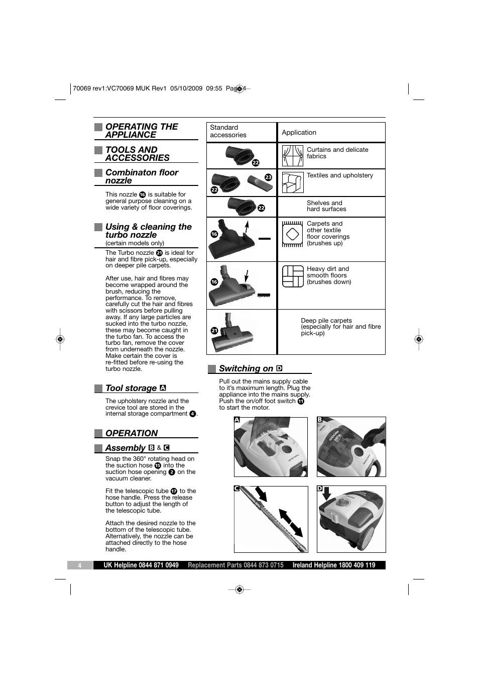 Using & cleaning the turbo nozzle, Tool storage, Operation assembly | Switching on | Morphy Richards VC70069 MUK User Manual | Page 4 / 8