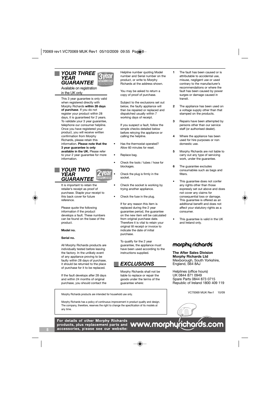 Your three year guarantee, Your two year guarantee, Exclusions | Morphy Richards VC70069 MUK User Manual | Page 8 / 8
