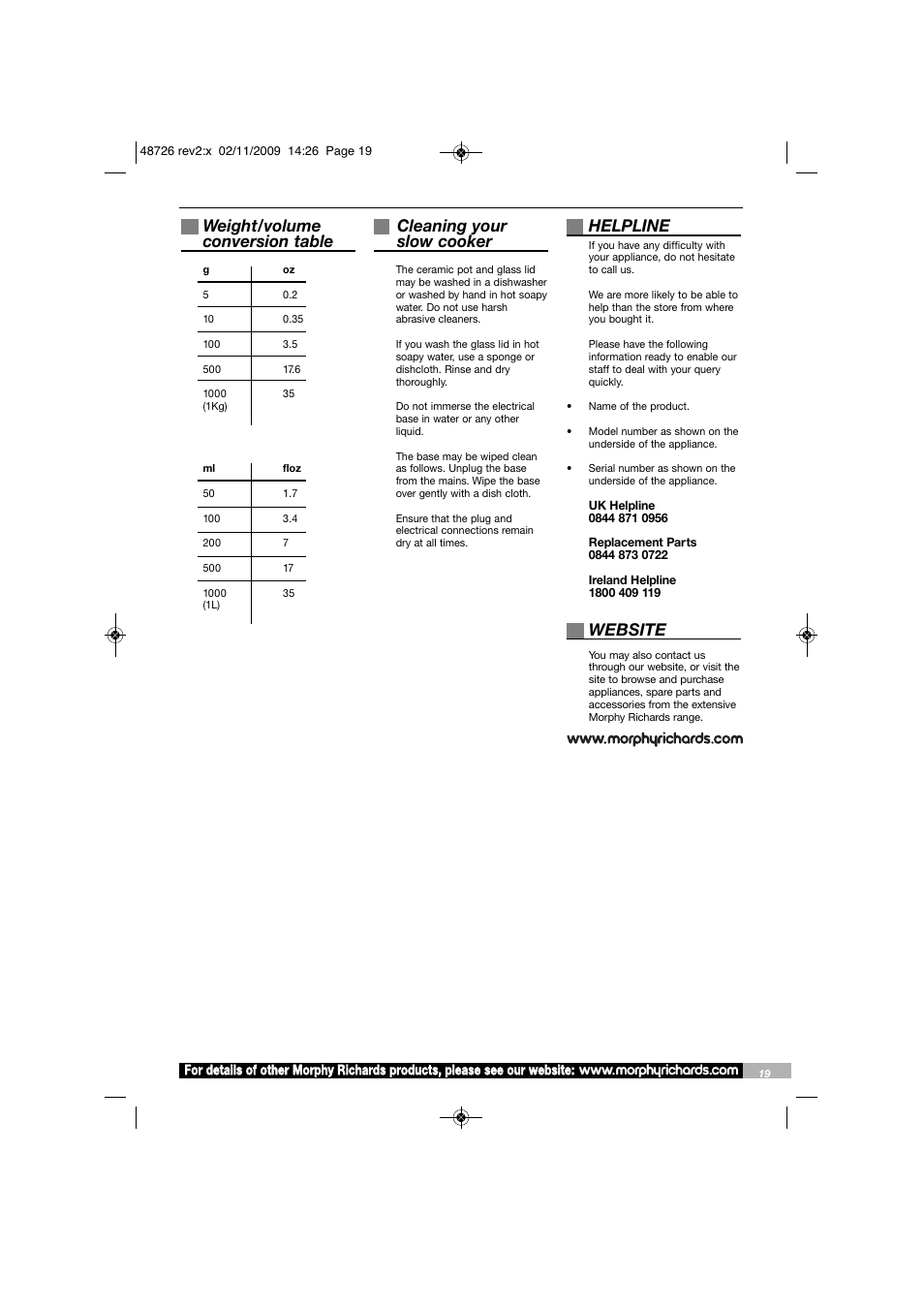 Weight/volume conversion table, Cleaning your slow cooker, Helpline | Website | Morphy Richards Slow Cooker User Manual | Page 19 / 20