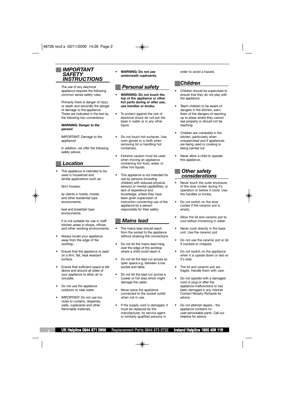 Important safety instructions, Location, Personal safety | Mains lead, Children, Other safety considerations | Morphy Richards Slow Cooker User Manual | Page 2 / 20